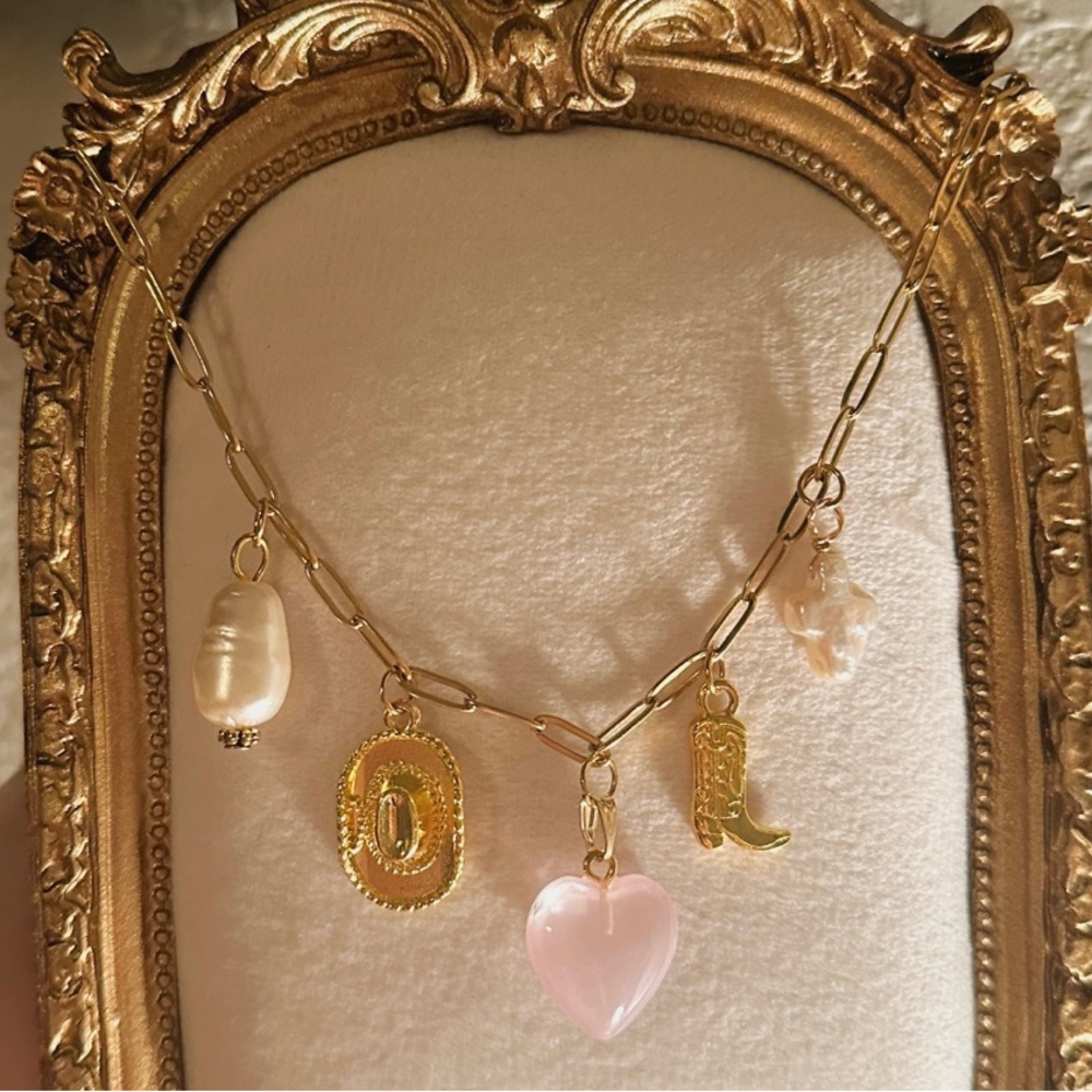 Tarnish-Resistant Western Rose Quartz Charm Necklace